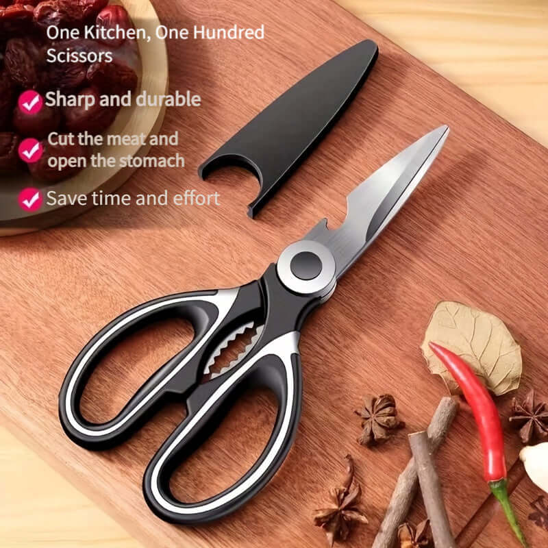 durable stainless steel kitchen shears on a wooden cutting board, showcasing sharp blades and ergonomic handles.