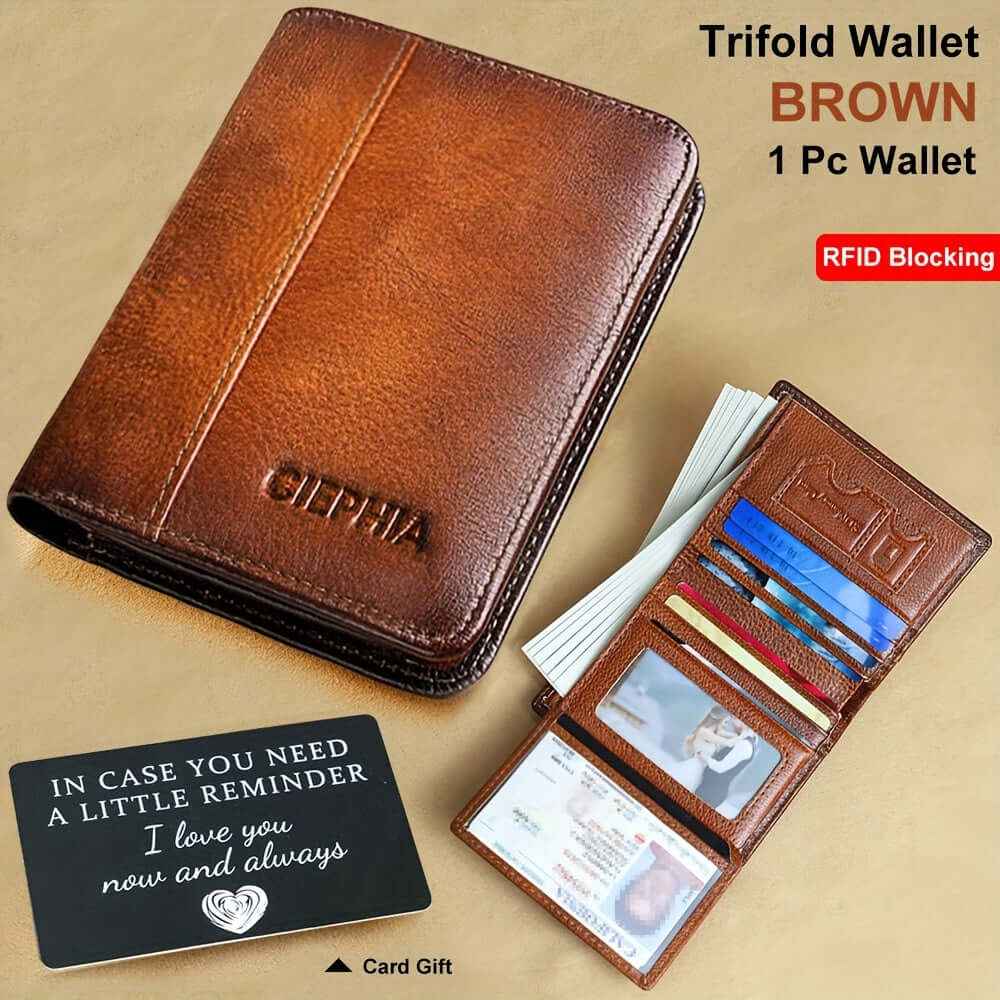 RFID leather wallet for men shown with a trifold brown design featuring RFID blocking technology and card slots.