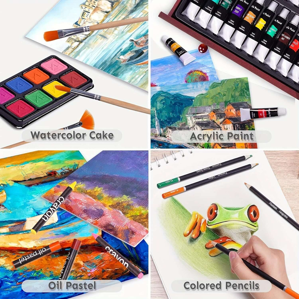 PASAMIC non-toxic art supplies including watercolor cakes, acrylic paint, oil pastels, and colored pencils.