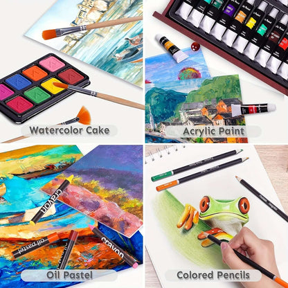 PASAMIC non-toxic art supplies including watercolor cakes, acrylic paint, oil pastels, and colored pencils.