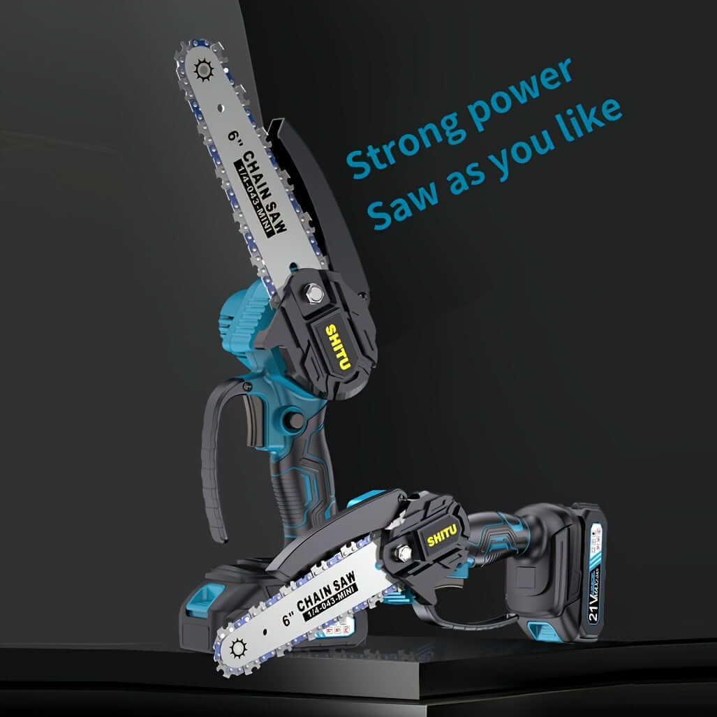 Cordless mini chainsaw with strong power for outdoor activities and versatile cutting.