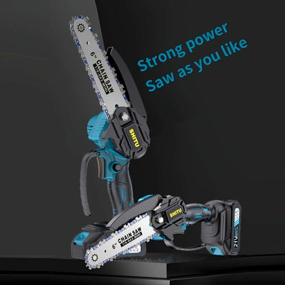 Cordless mini chainsaw with strong power for outdoor activities and versatile cutting.