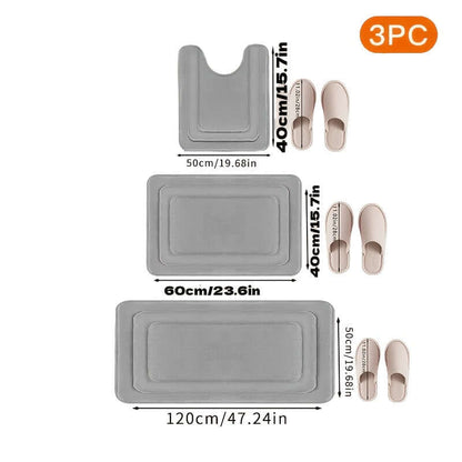 memory foam bath mat set featuring three non-slip mats and slippers in gray, designed for indoor and outdoor use.