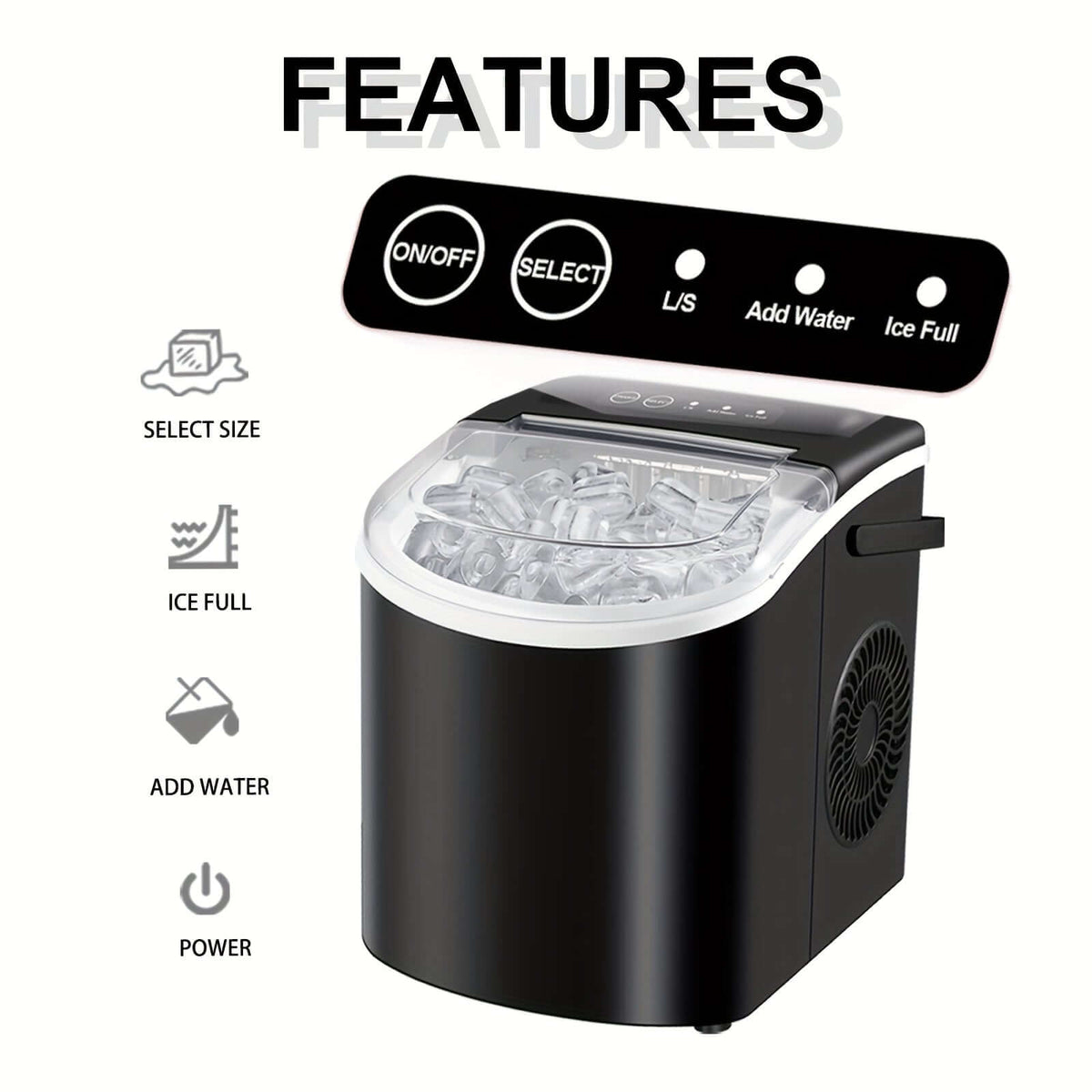 Portable ice maker with handle featuring user controls for ice size and water level.