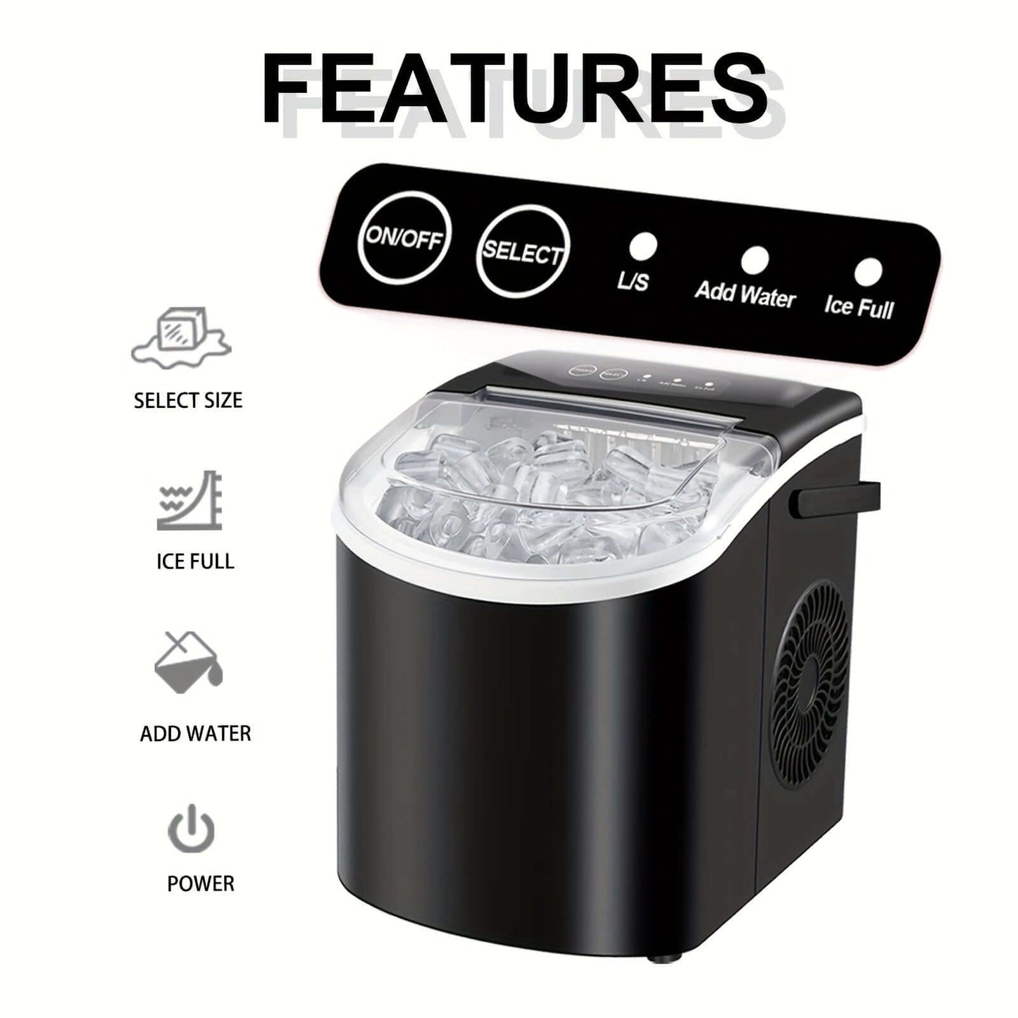 Portable ice maker with handle featuring user controls for ice size and water level.