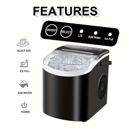 Portable ice maker with handle featuring user controls for ice size and water level.
