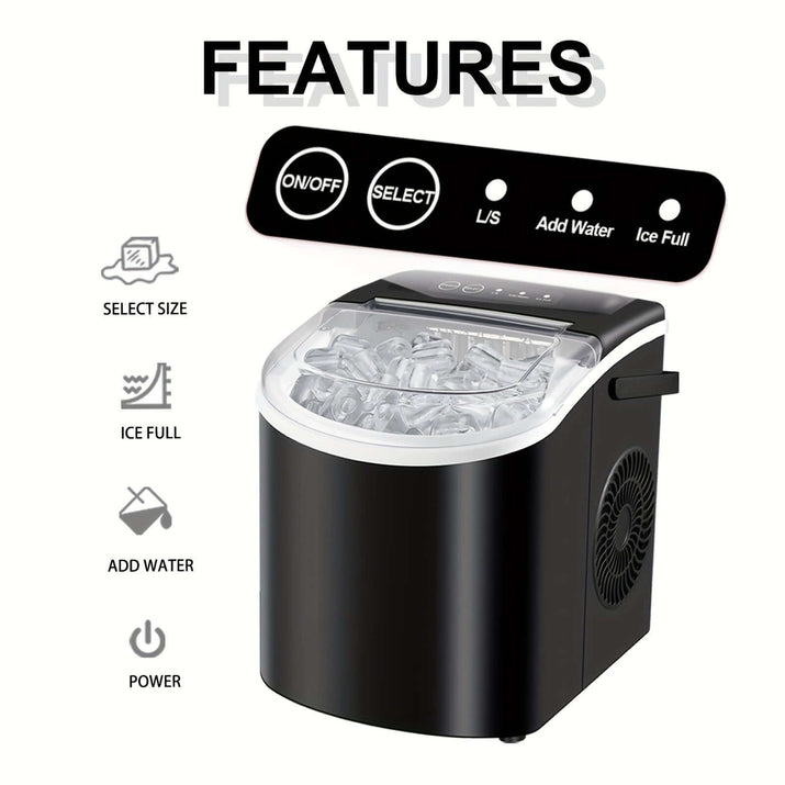 Portable ice maker with handle featuring user controls for ice size and water level.