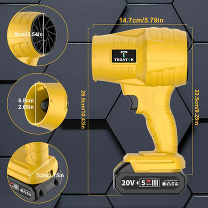 TEGATOK rechargeable battery specifications illustrated on a yellow handheld device with size measurements and features.