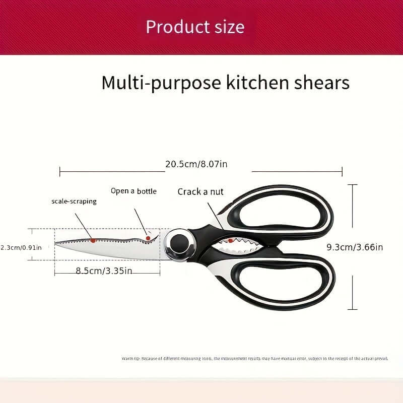 Durable stainless steel kitchen shears with multi-purpose design, dimensions shown in inches and centimeters.
