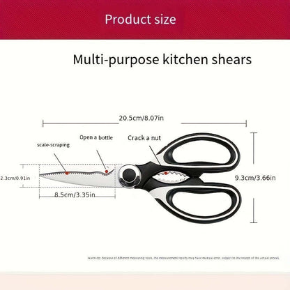 Durable stainless steel kitchen shears with multi-purpose design, dimensions shown in inches and centimeters.