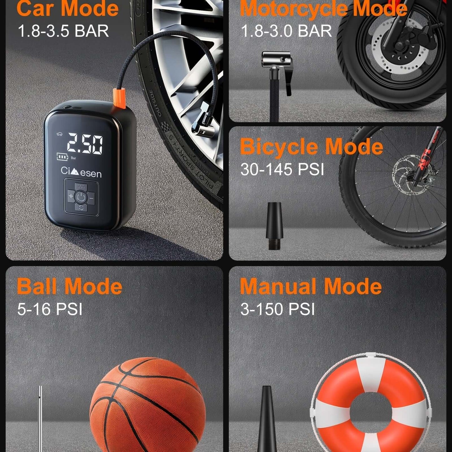 Portable tire inflator with digital display showing various modes and pressure ranges for different vehicles and items.
