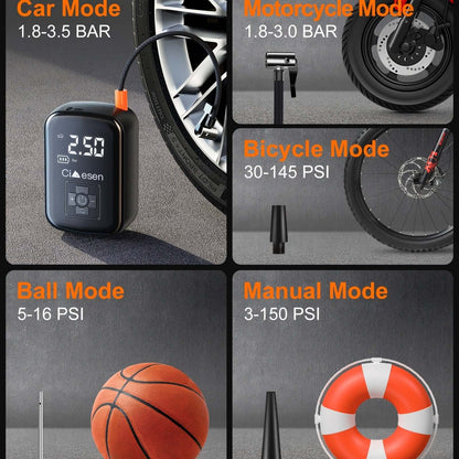 Portable tire inflator with digital display showing various modes and pressure ranges for different vehicles and items.