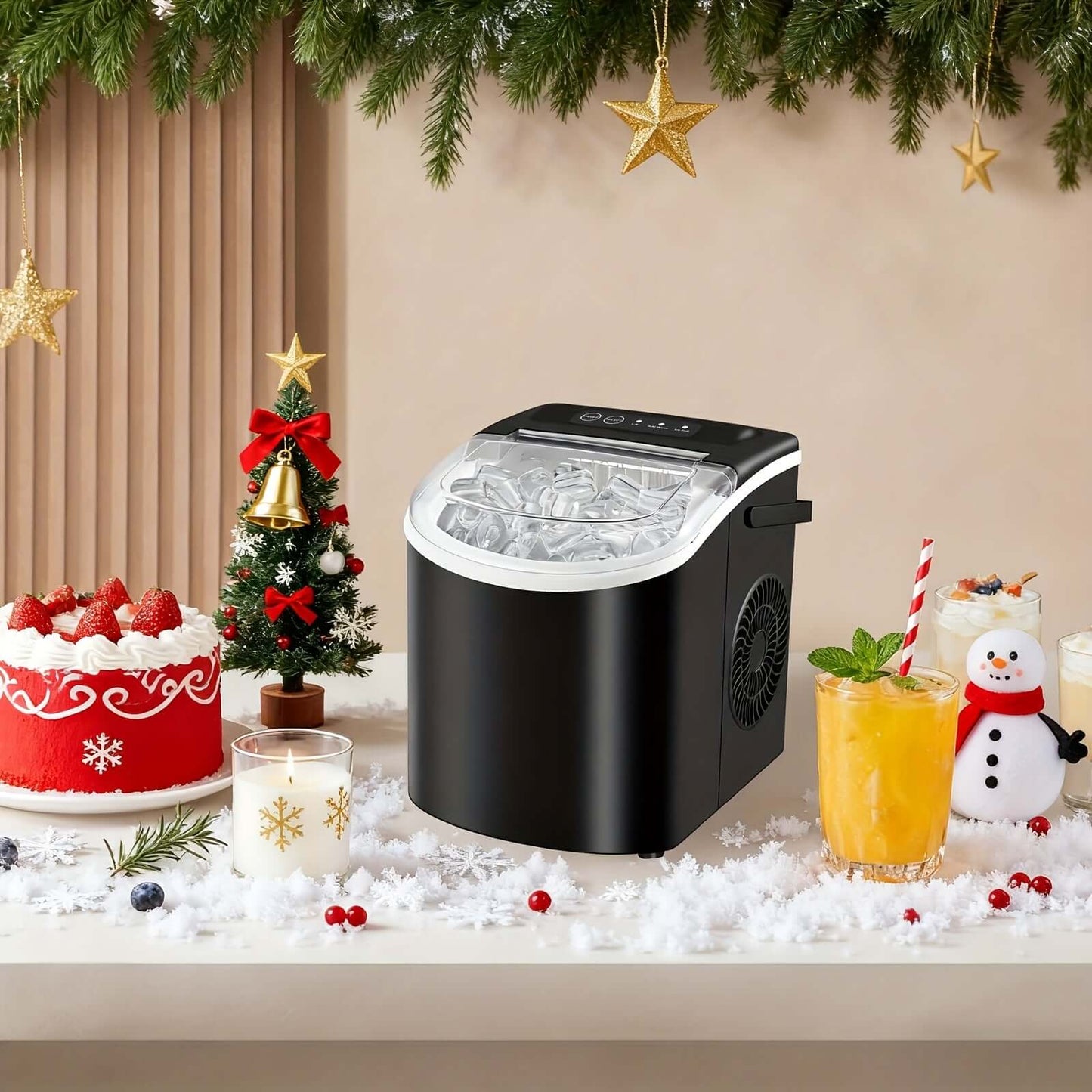 Portable ice maker with handle displayed on a festive table with holiday decorations and drinks.