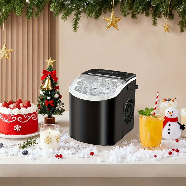 Portable ice maker with handle displayed on a festive table with holiday decorations and drinks.