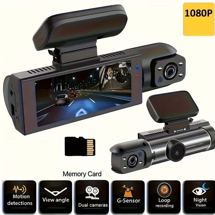 Dual camera dash cam featuring 1080P recording and night vision capabilities.