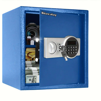 heavy-duty fireproof safe with keypad, featuring cash, camera, and secure lock.