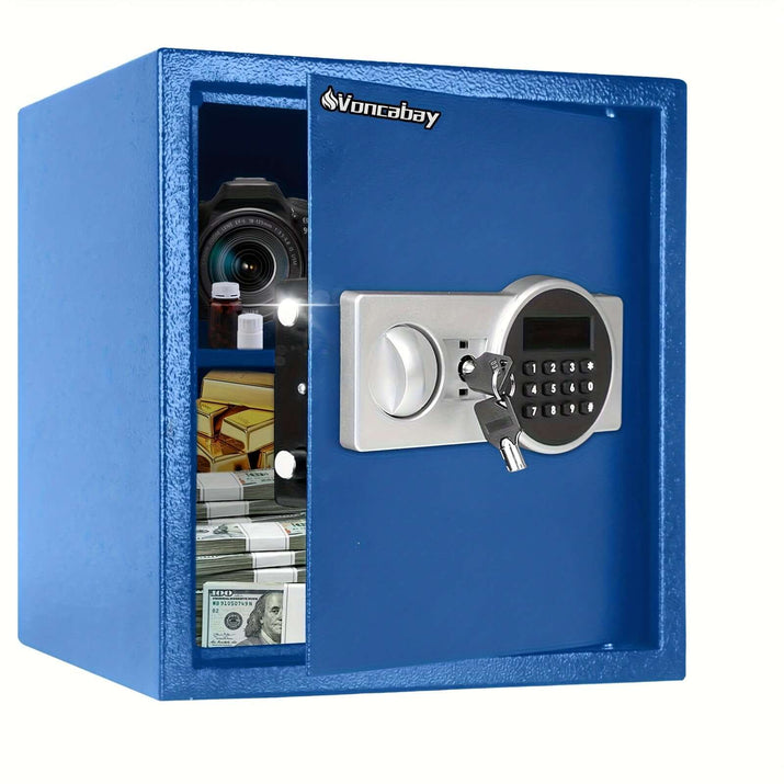 heavy-duty fireproof safe with keypad, featuring cash, camera, and secure lock.