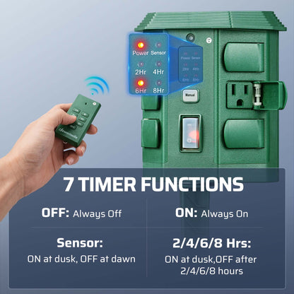 Dewenwils power stake timer for holiday lights showing seven timer functions and remote control.