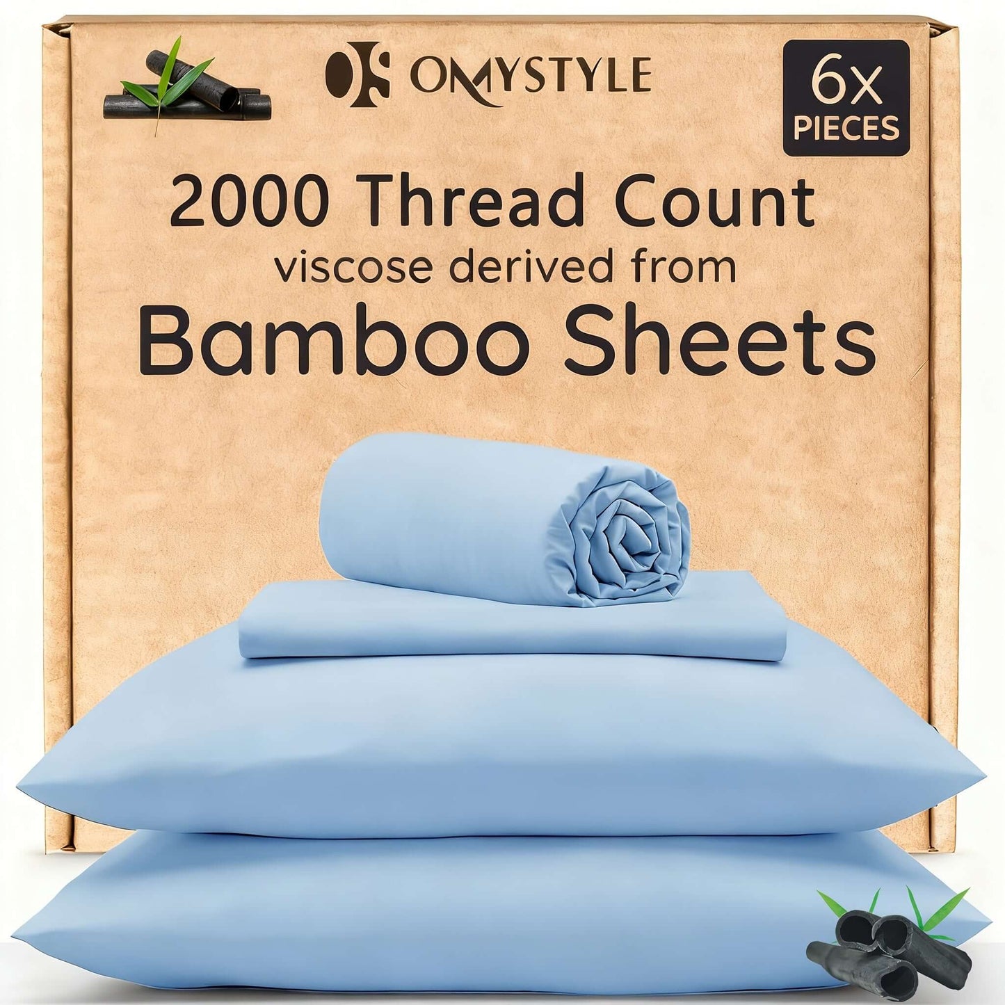 4pcs/6pcs Bamboo Cooling Bedding Set featuring soft blue bamboo sheets with 2000 thread count.
