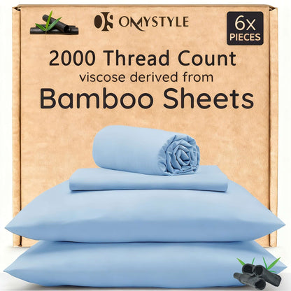 4pcs/6pcs Bamboo Cooling Bedding Set featuring soft blue bamboo sheets with 2000 thread count.