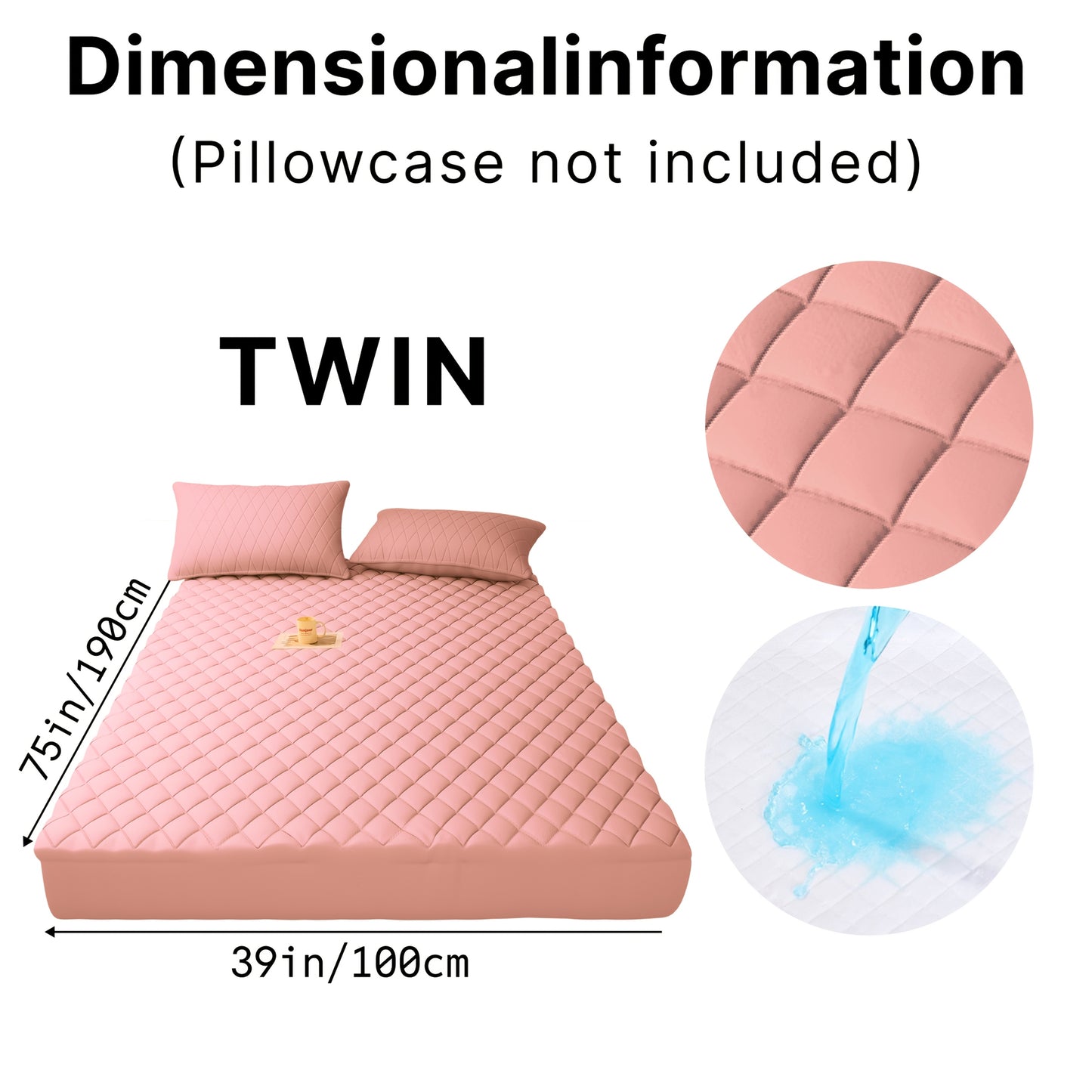 Ultrasonic embossed polyester fabric specifications for a twin size mattress with dimensions 75in x 39in.