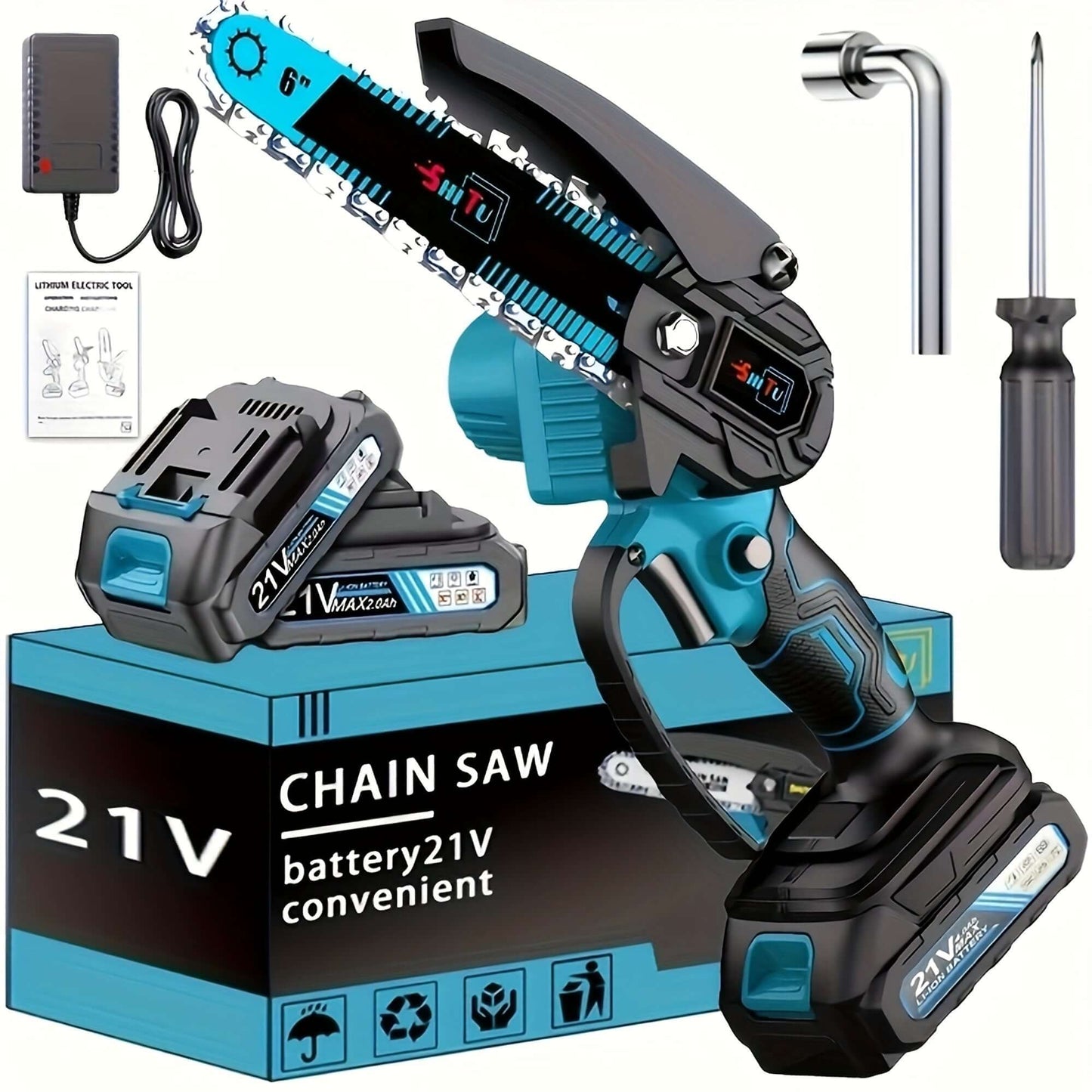 Cordless mini chainsaw with 21V battery and accessories for outdoor activities and convenience.