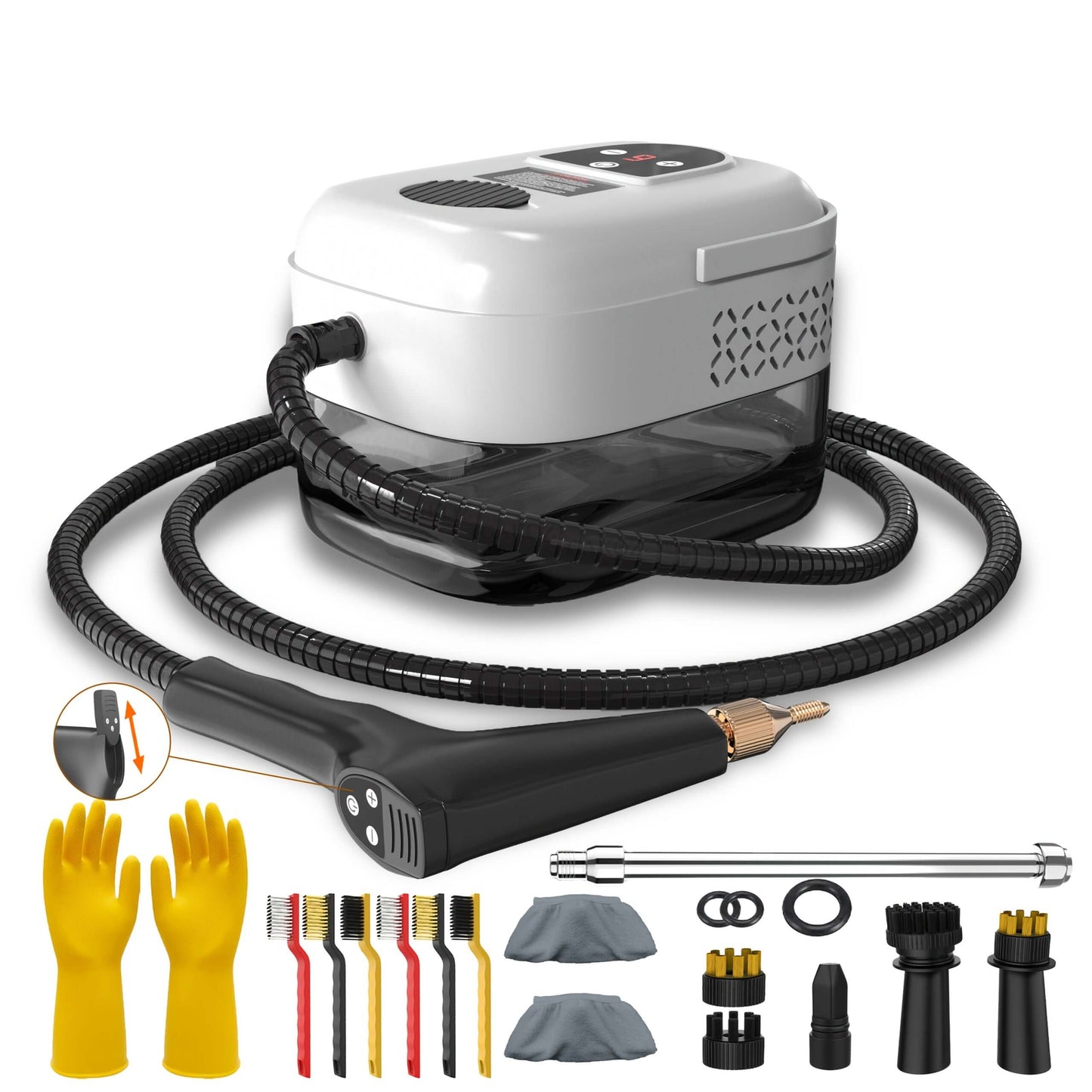 high pressure handheld steam cleaner with accessories including nozzles, gloves, and brushes.