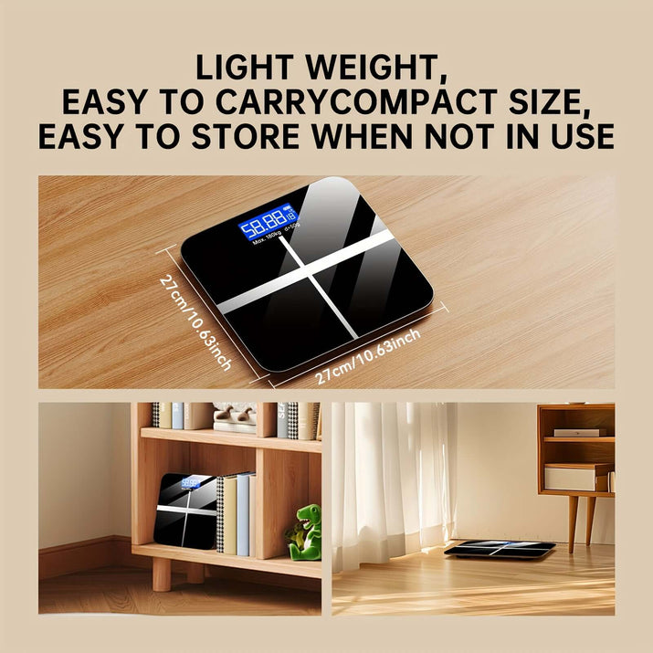 high-precision digital bathroom scale on wooden floor showing weight and dimensions for easy storage and portability.