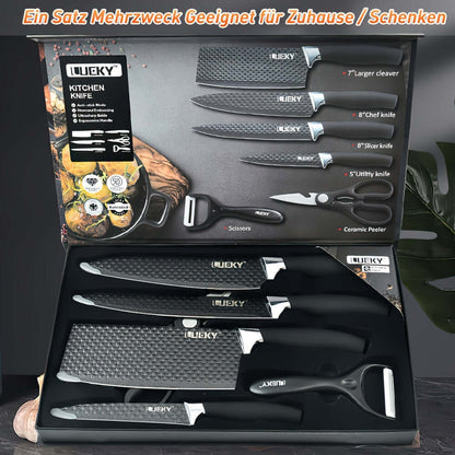 Professional kitchen knife set featuring various knives and peeler for versatile kitchen use.