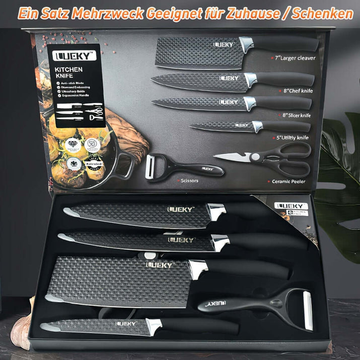 Professional kitchen knife set featuring various knives and peeler for versatile kitchen use.