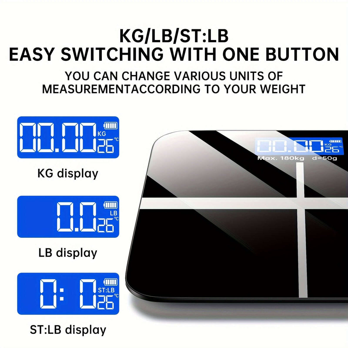 High-precision digital bathroom scale with easy switching between KG, LB, and ST:LB units.