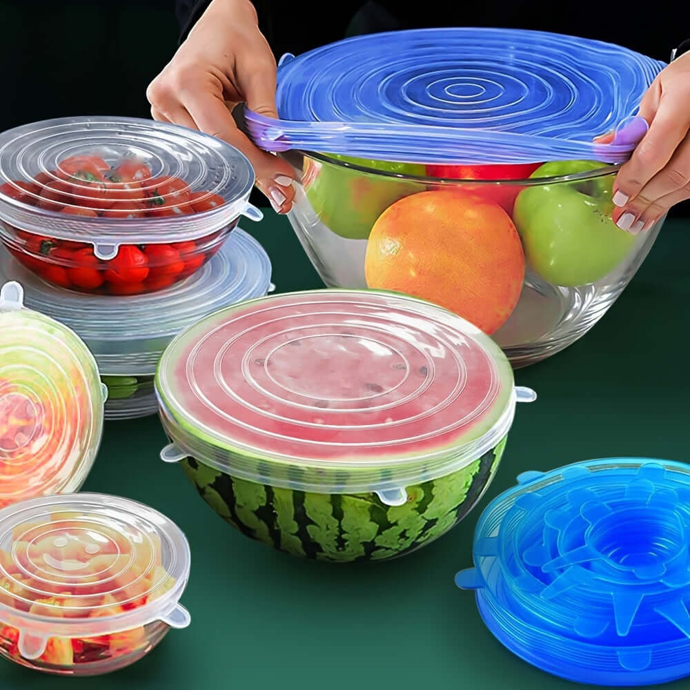 Silicone food storage covers in various sizes, ensuring fresh food storage for fruits and vegetables.