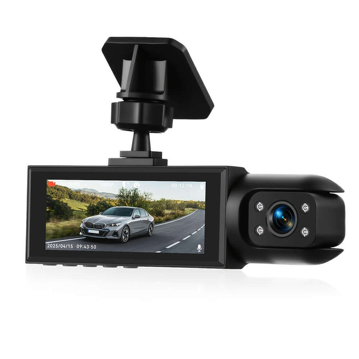 dual camera dash cam with display and adjustable mount for capturing road footage