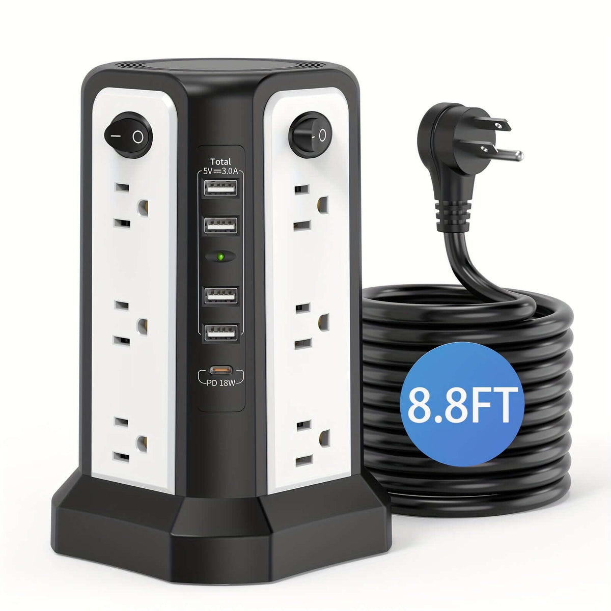 flat plug power board with USB ports, features multiple outlets and an 8.8ft power cord.