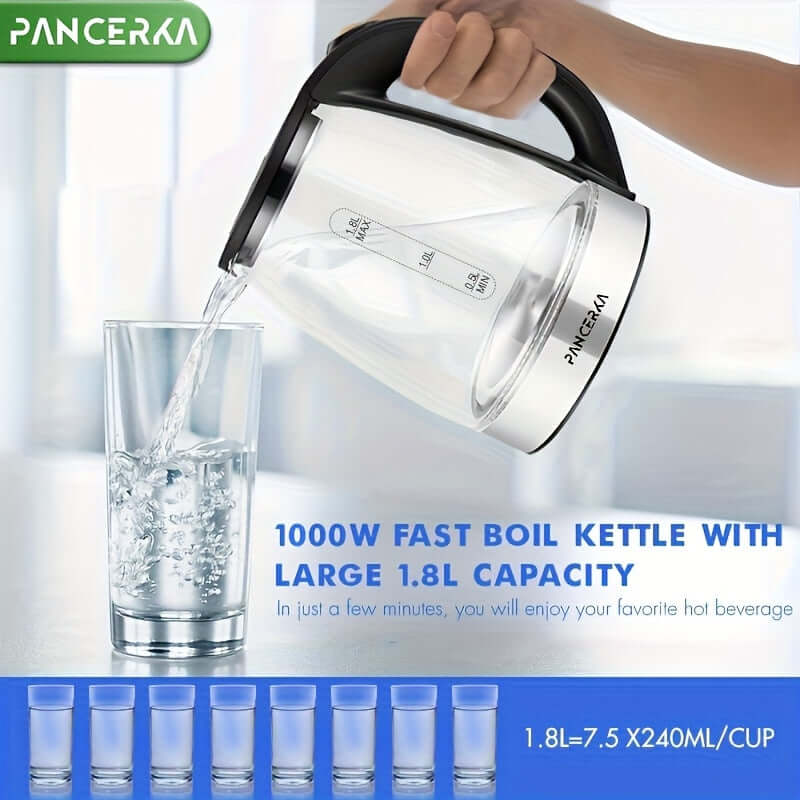 Electric tea kettle with auto shut off pouring hot water into a glass, showcasing 1.8L capacity and fast boiling feature.