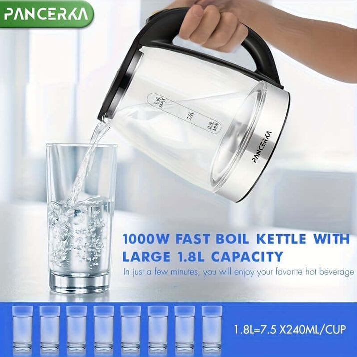 Electric tea kettle with auto shut off pouring hot water into a glass, showcasing 1.8L capacity and fast boiling feature.