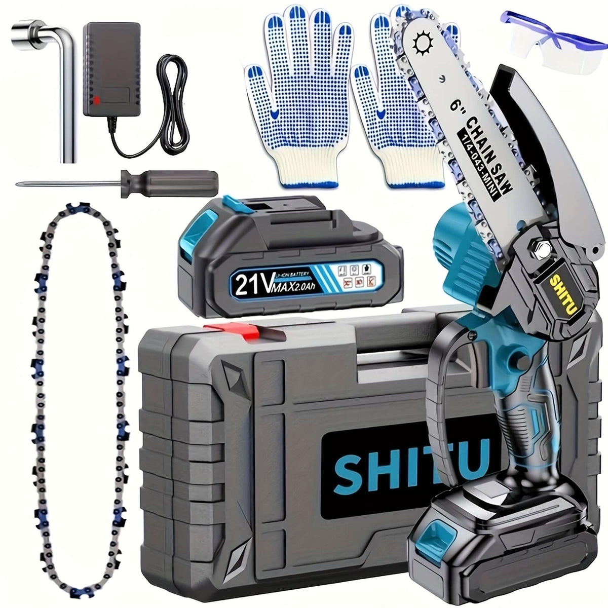 Cordless mini chainsaw kit including battery, charger, gloves, and accessories for outdoor activities.