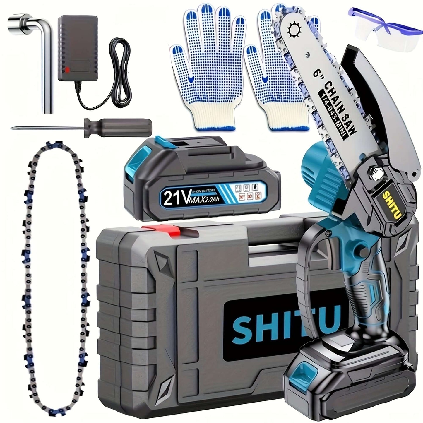 Cordless mini chainsaw kit including battery, charger, gloves, and accessories for outdoor activities.