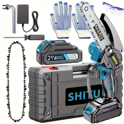 Cordless mini chainsaw kit including battery, charger, gloves, and accessories for outdoor activities.