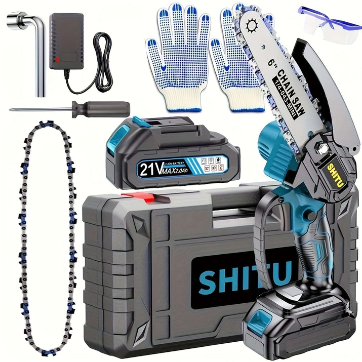 Cordless mini chainsaw kit including battery, charger, gloves, and accessories for outdoor activities.