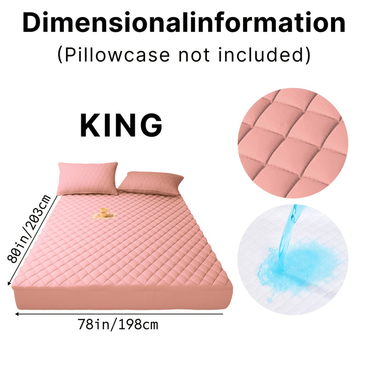 Ultrasonic embossed polyester fabric specifications shown on a king-sized mattress with dimensions and care instructions.