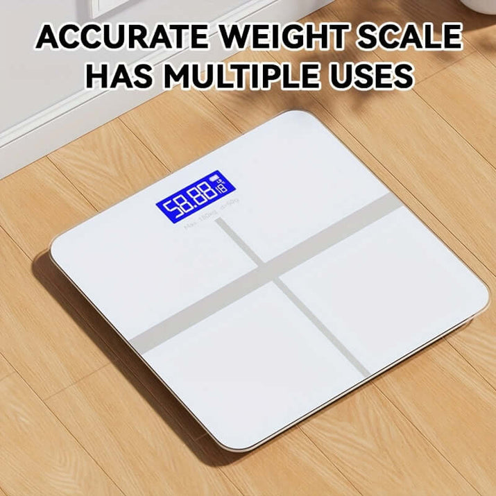high-precision digital bathroom scale with a clear display for accurate readings and versatile use on wooden floor.