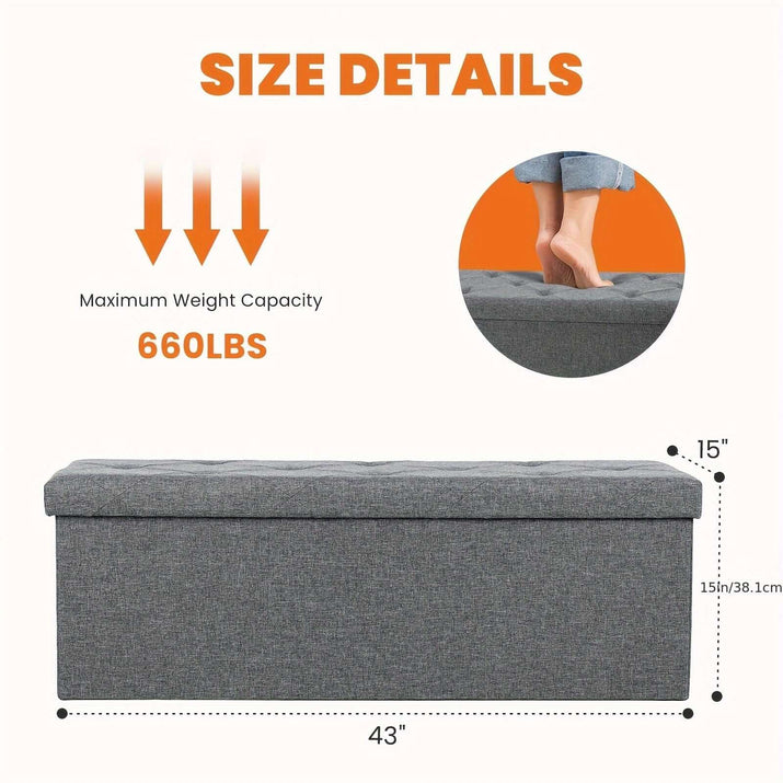 Size details of storage ottoman bench showing dimensions and maximum weight capacity of 660 lbs.