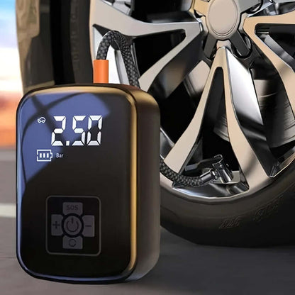 Portable tire inflator with digital display showing pressure reading near a car wheel.