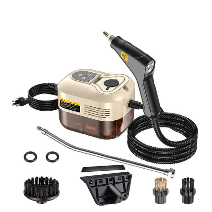 high pressure handheld steam cleaner with multiple attachments and flexible hose for versatile cleaning.