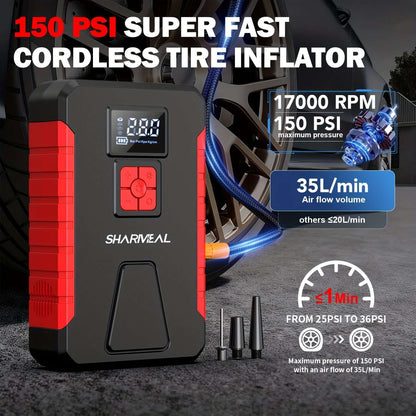 150 PSI super fast cordless tire inflator with 35L/min air flow volume for quick tire inflation.