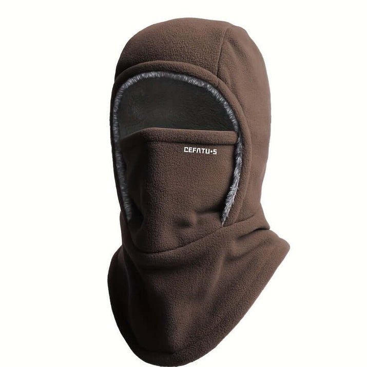 winter balaclava for outdoor sports in brown fleece material, ideal for cold weather activities.