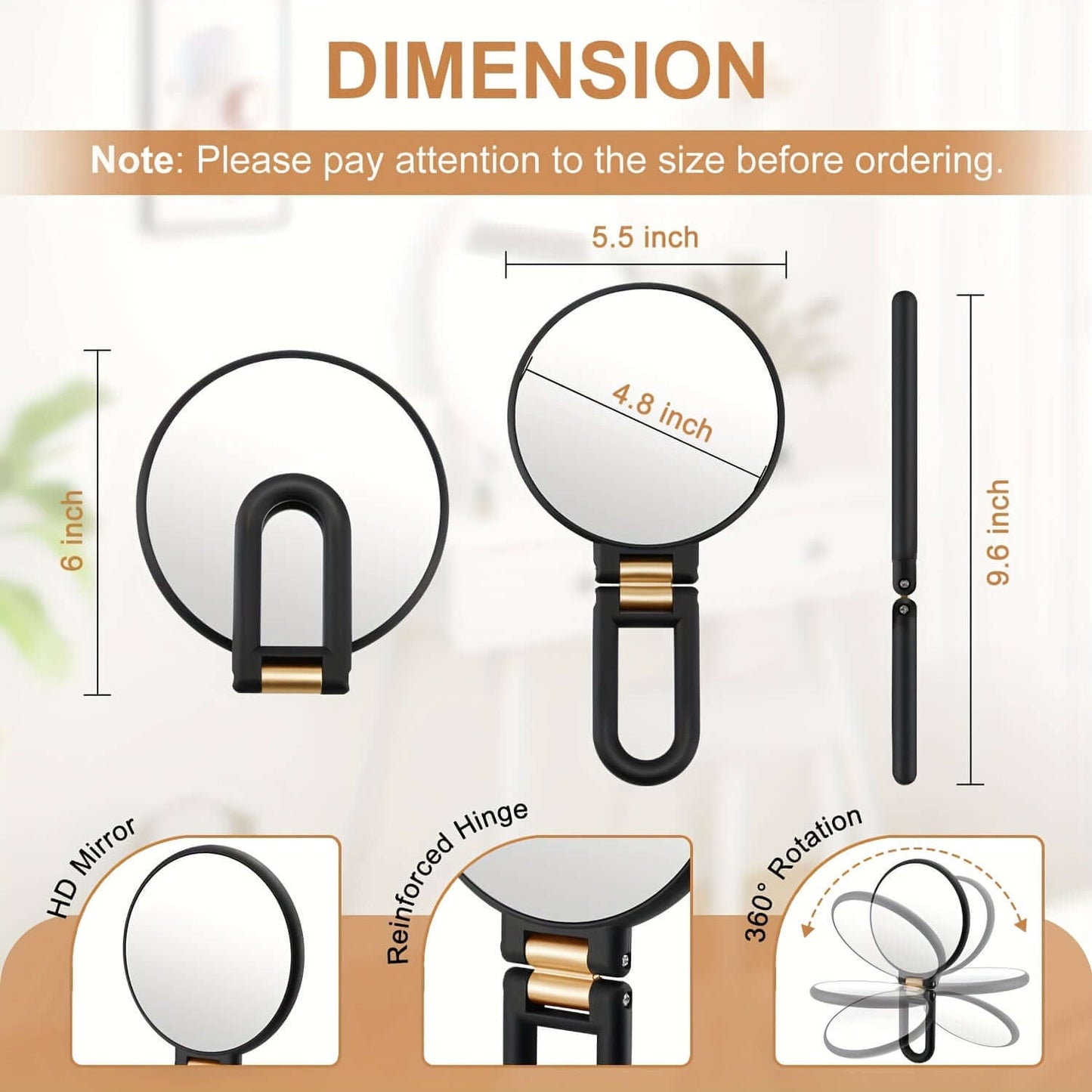 50x magnifying handheld mirror dimensions with 6 inch height and 4.8 inch diameter.