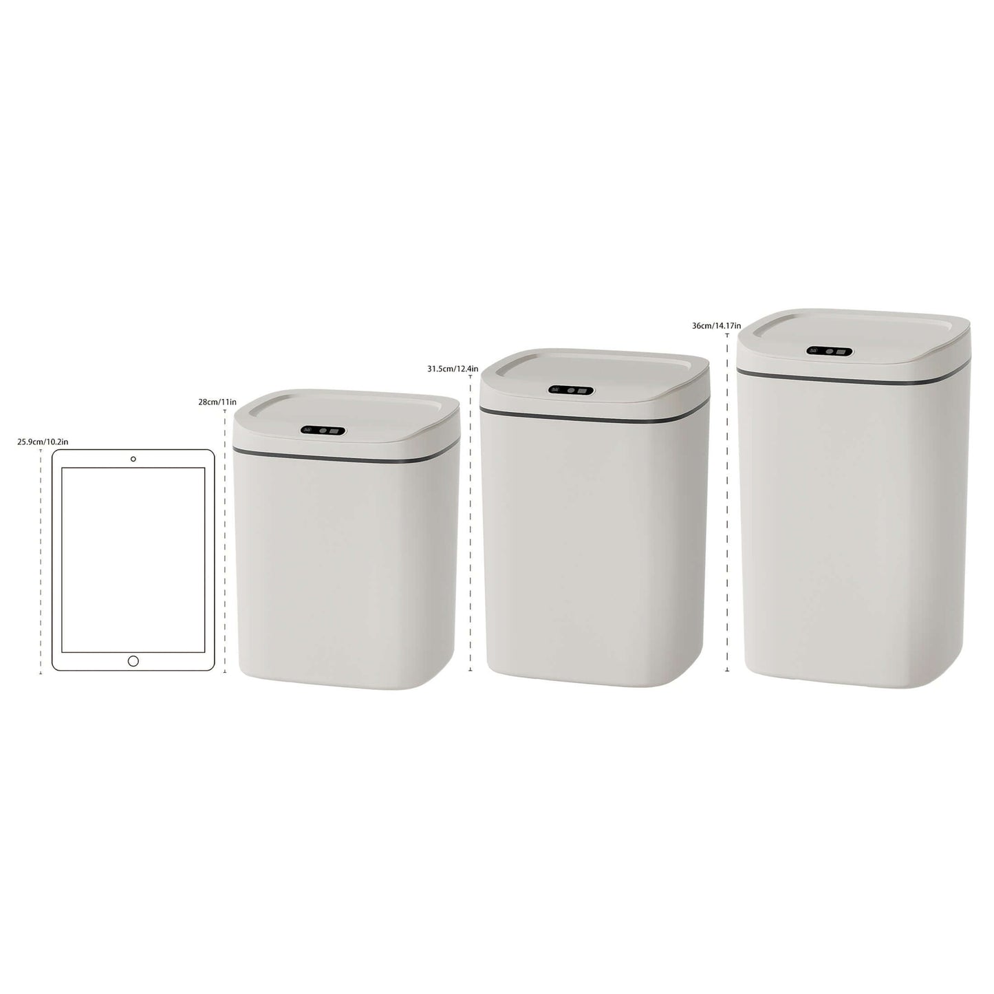 motion-sensor trash can specifications with size comparison next to an iPad for scale.