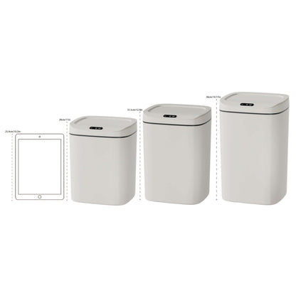 motion-sensor trash can specifications with size comparison next to an iPad for scale.